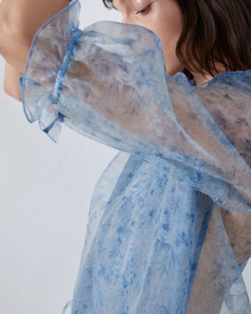 Sheer Back Blue Floral Silky Blouse - Image 6