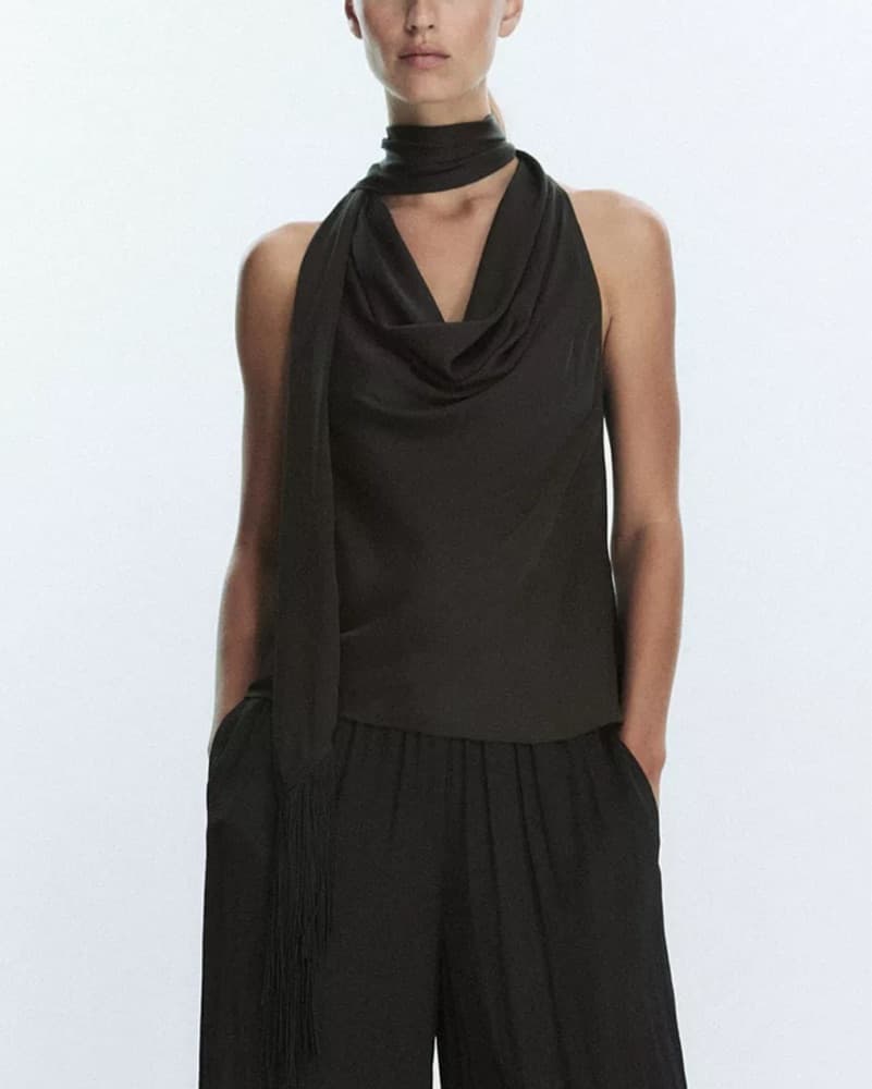 Zara Neck Scarf Fringe Brown Top - Image 3