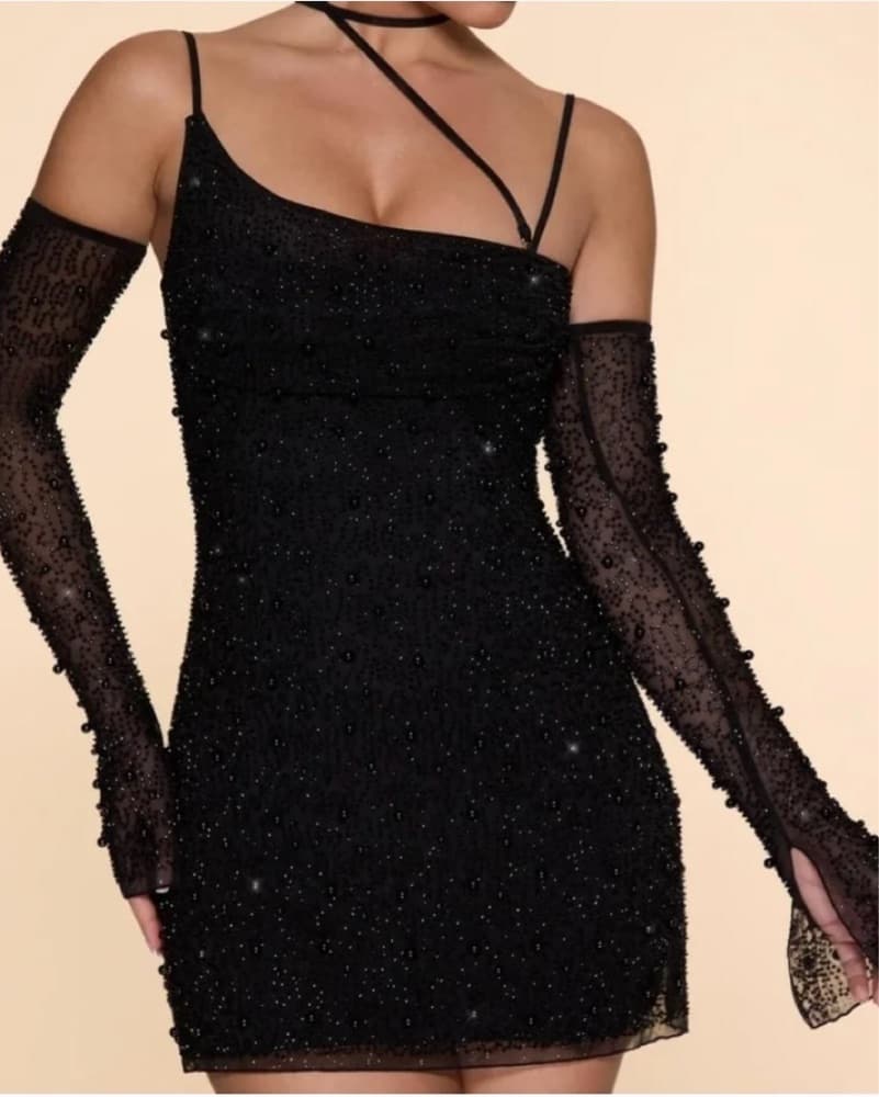 Black Beaded Mini Dress - Image 1