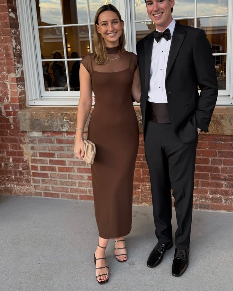 Brown Dress With Mesh Overlay - Image 1