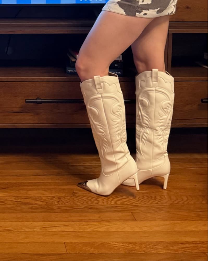 White knee high heeled cowboy boots   - Image 1