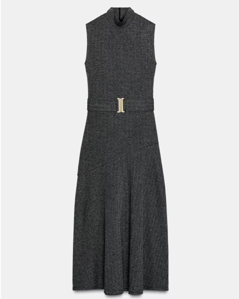 Zara Sleeveless Gray Belted Twill Dress - Image 1