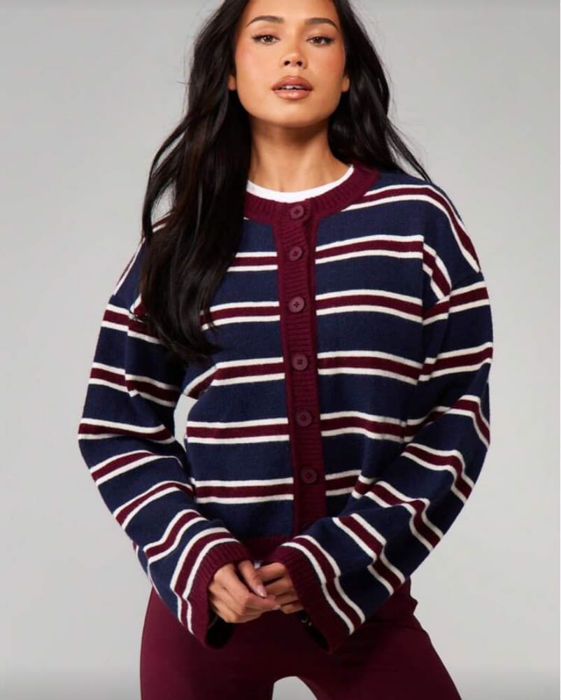 Striped Cardigan with Burgundy Accent - Image 5