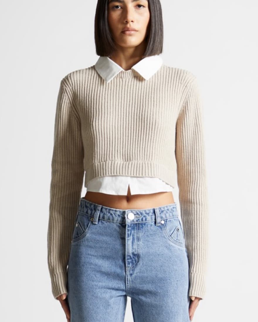 Ribbed Cropped Sweater With Shirt Detail - Image 1