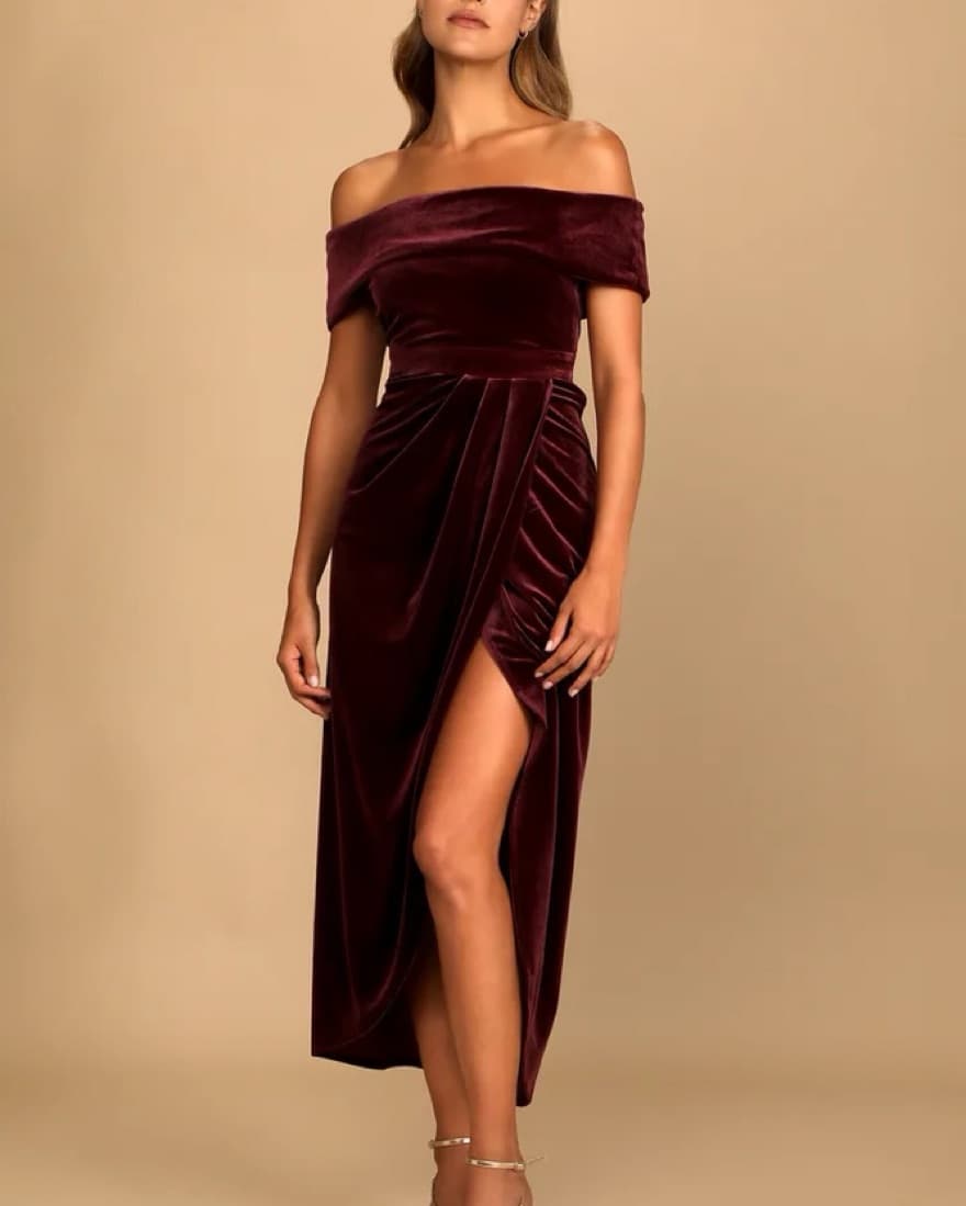 Elegant Burgundy Velvet Off-Shoulder Dress - Image 1