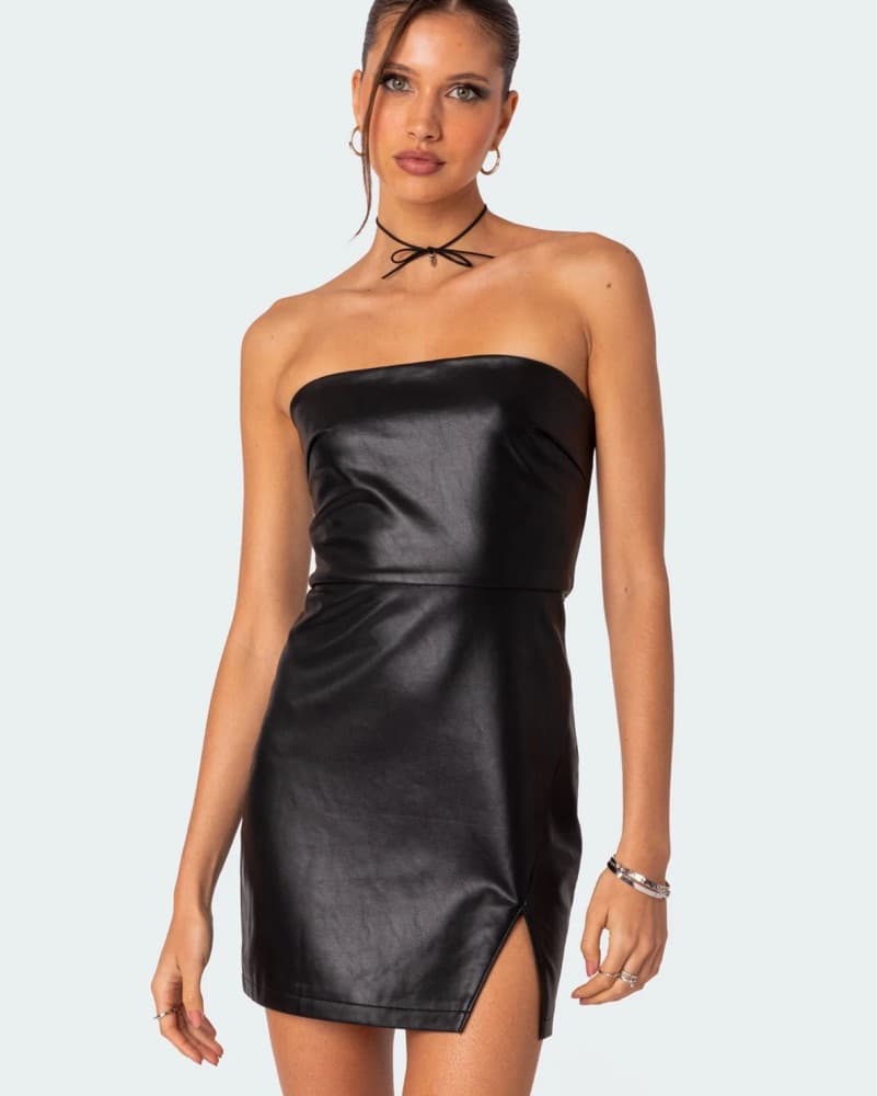 Faux Leather Strapless Mini Dress  - Image 1
