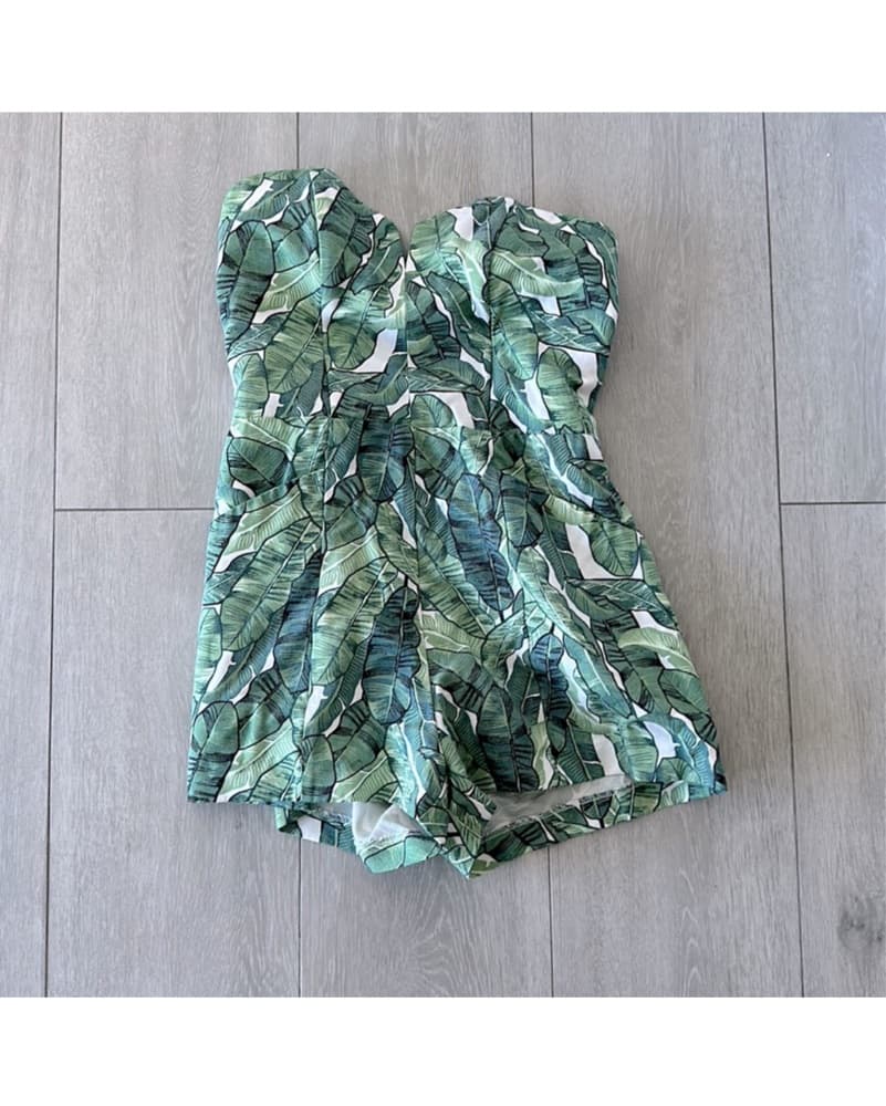 Tropical Leaf Print Strapless Romper - Image 1