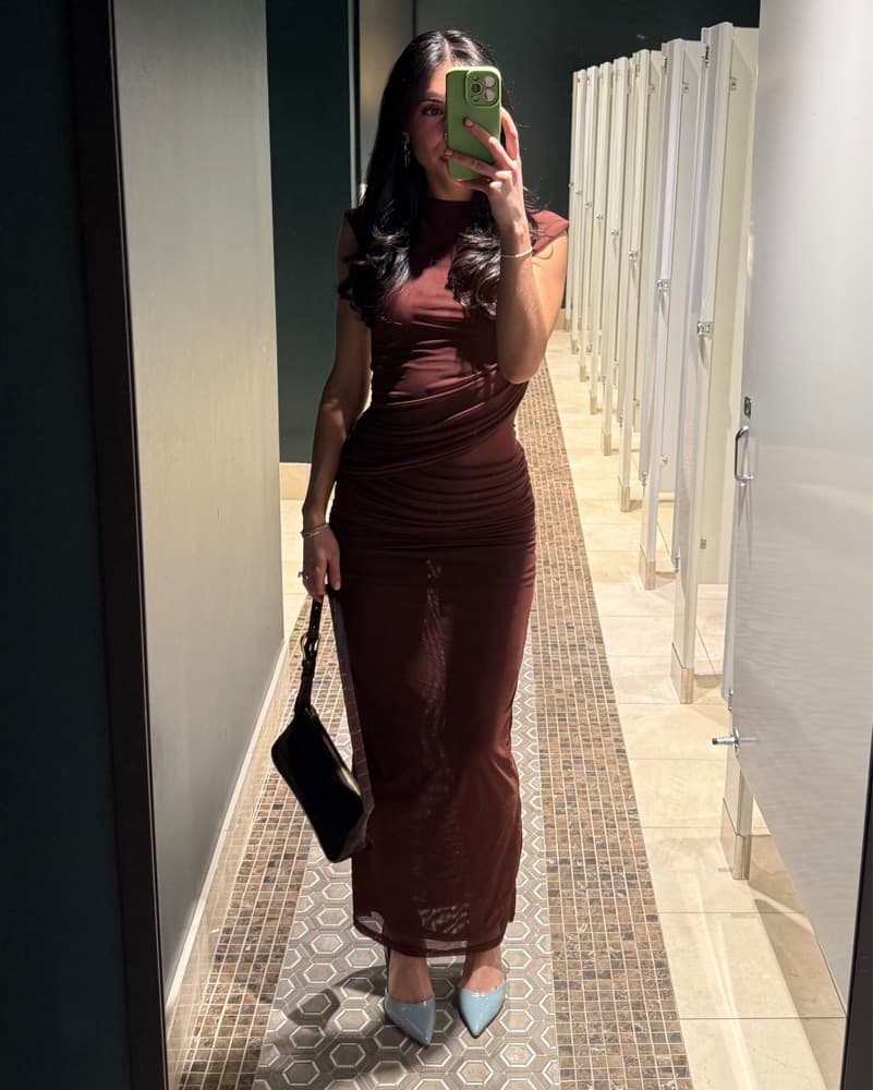 Ruched Maxi Dress in Chocolate Brown - Image 3