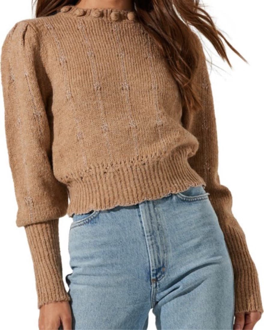 Scallop Hem Pompom Sweater in Biscuit - Image 3