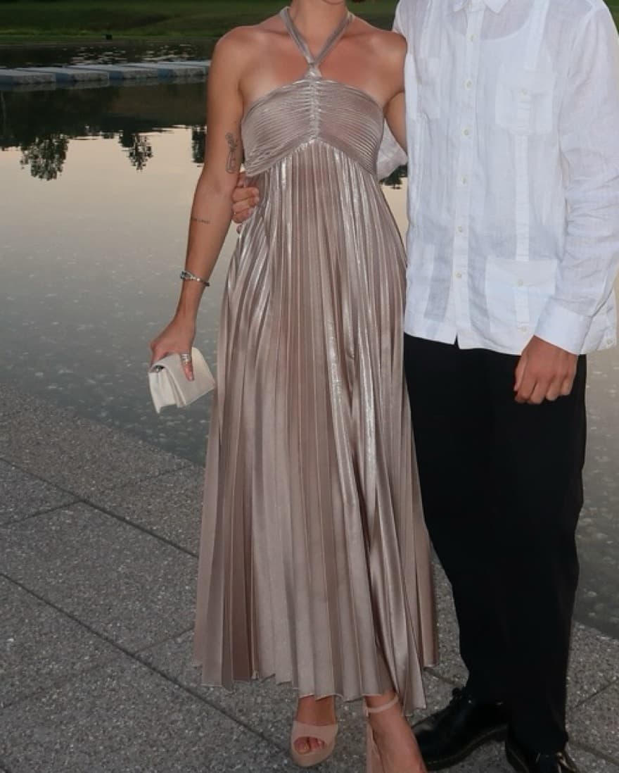 Pleated Metallic Halter Dress - Image 3