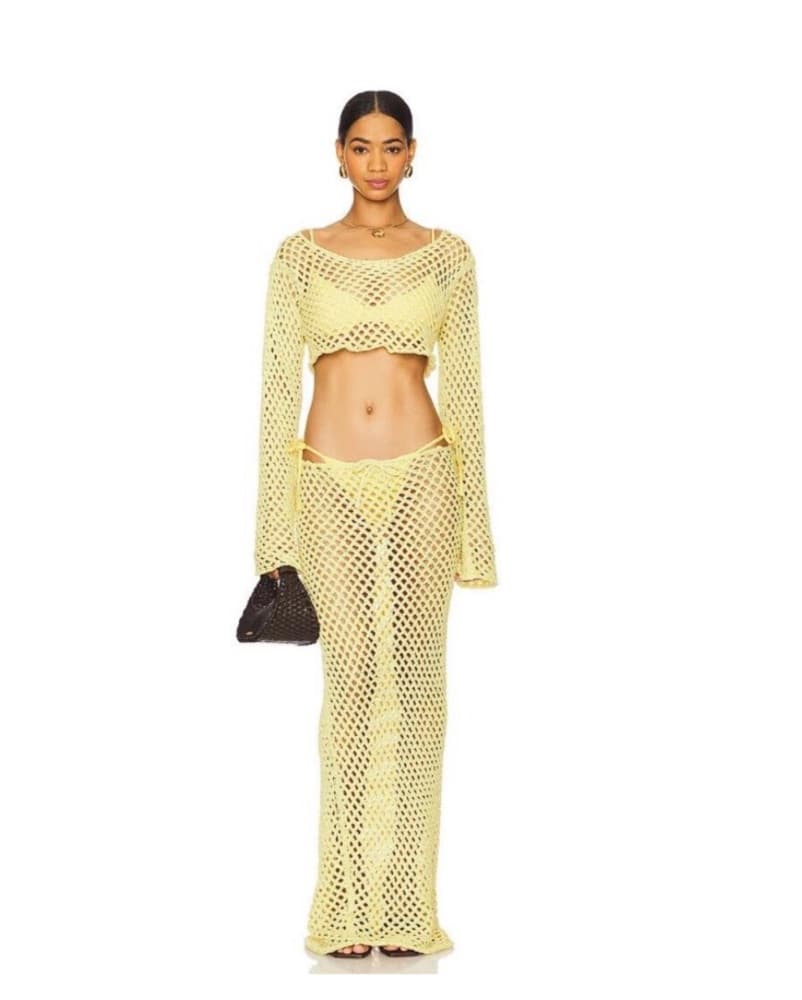 Yellow Crochet Crop Top and Skirt Set - Image 1