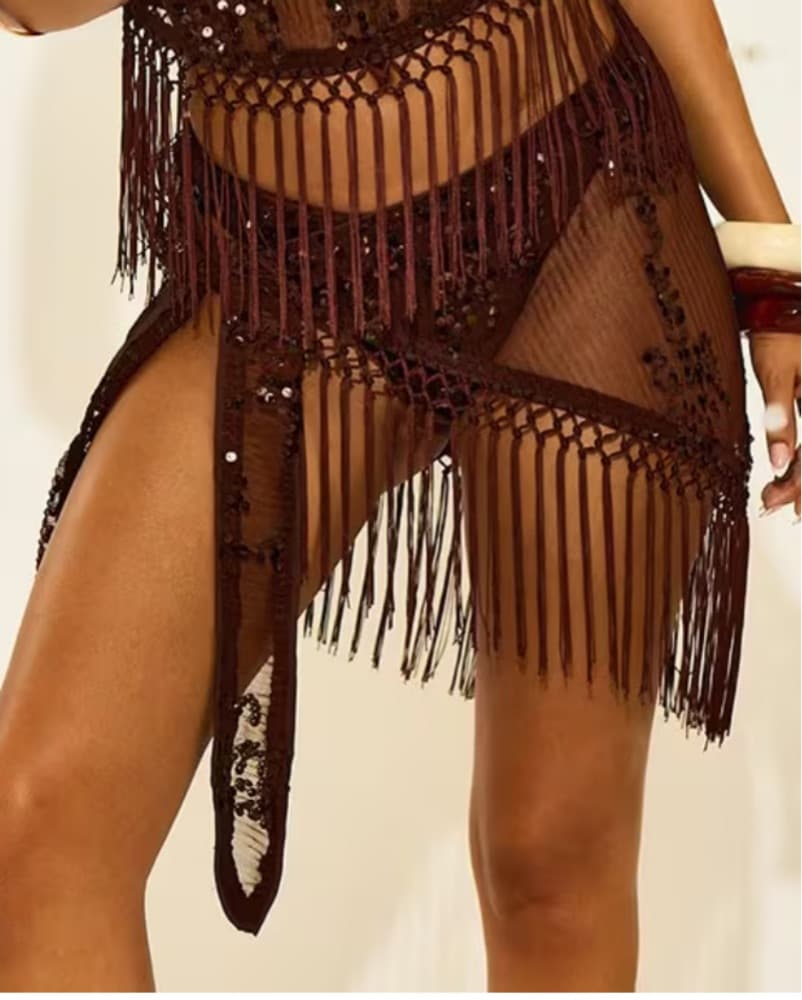 Fringed Sequin Brown Coverup Wrap Skirt  - Image 2