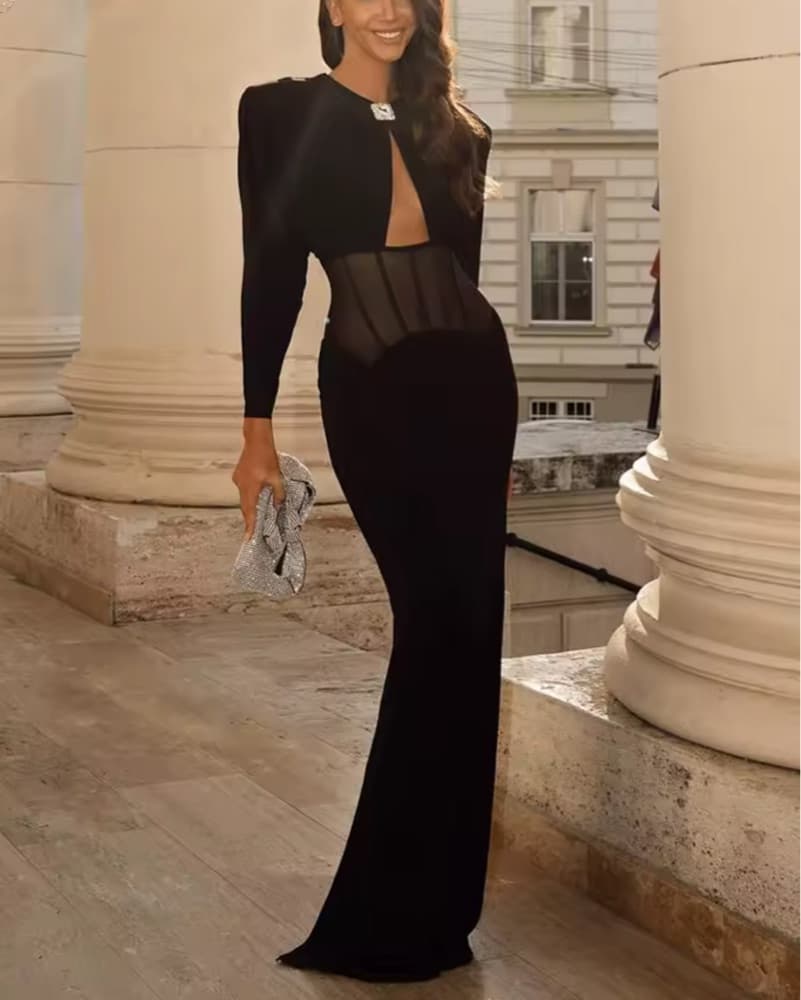 Elegant Black Sheer-Panel Evening Dress - Image 1