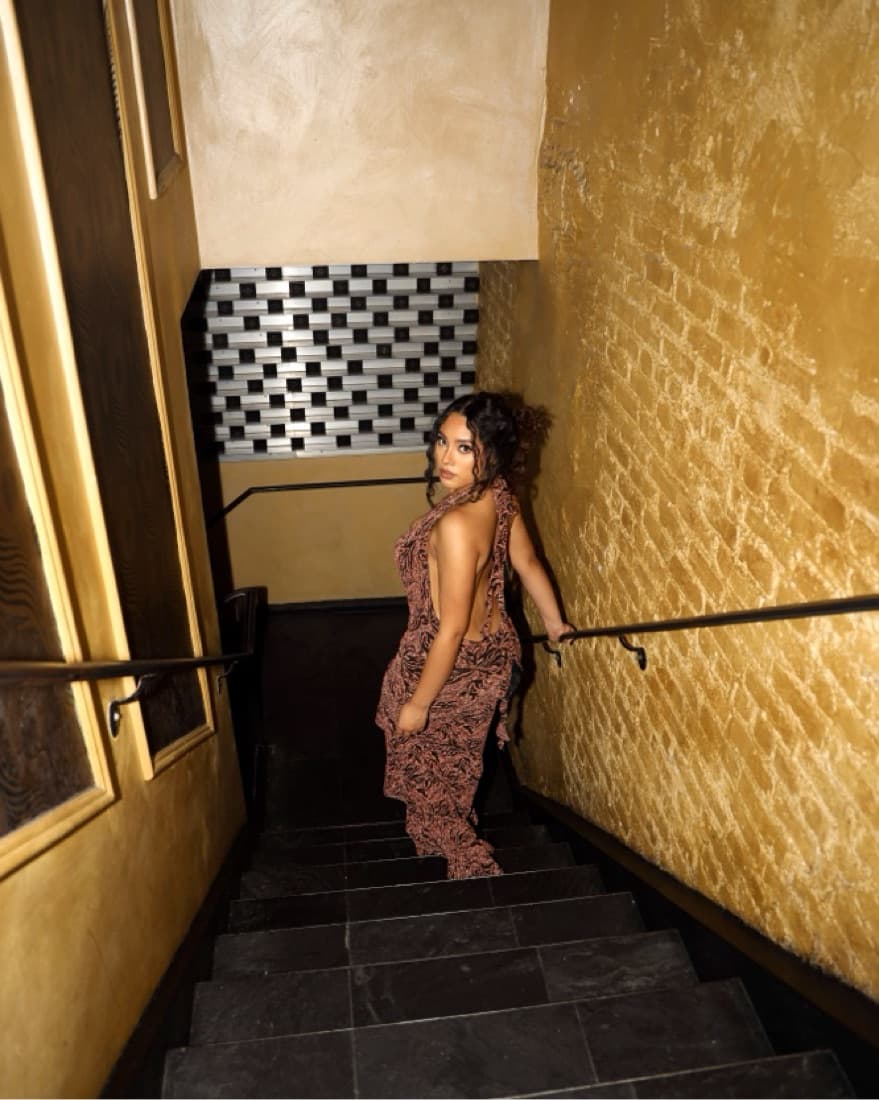 Murci Pattern Deep Plundge Backles Dress - Image 4