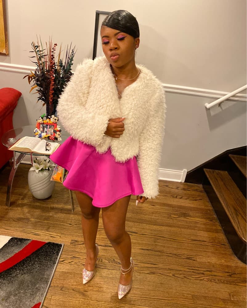 Vibrant Pink Peplum Dress with Cozy Faux Fur Jacket - Image 2