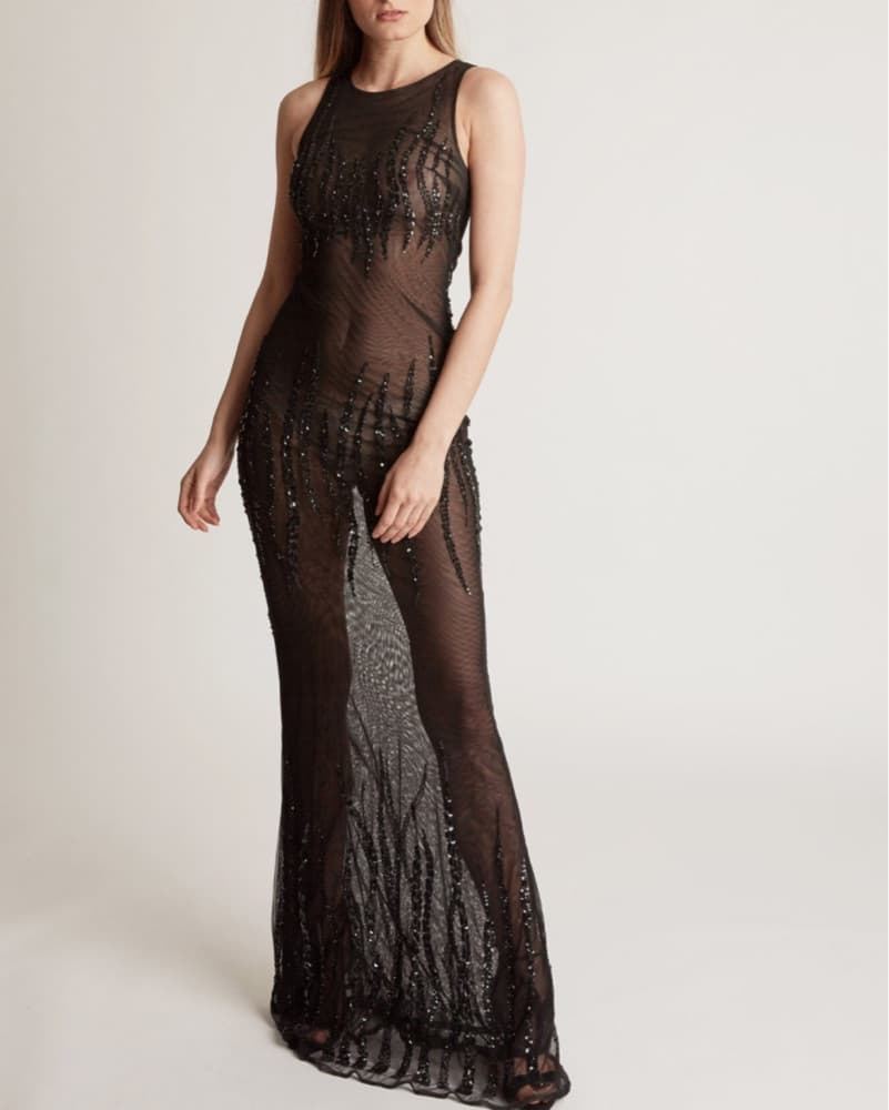 Black Mesh Sequin Gown - Image 1