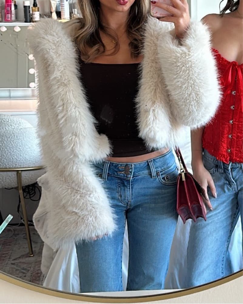 Faux Fur Cropped White Jacket  - Image 1