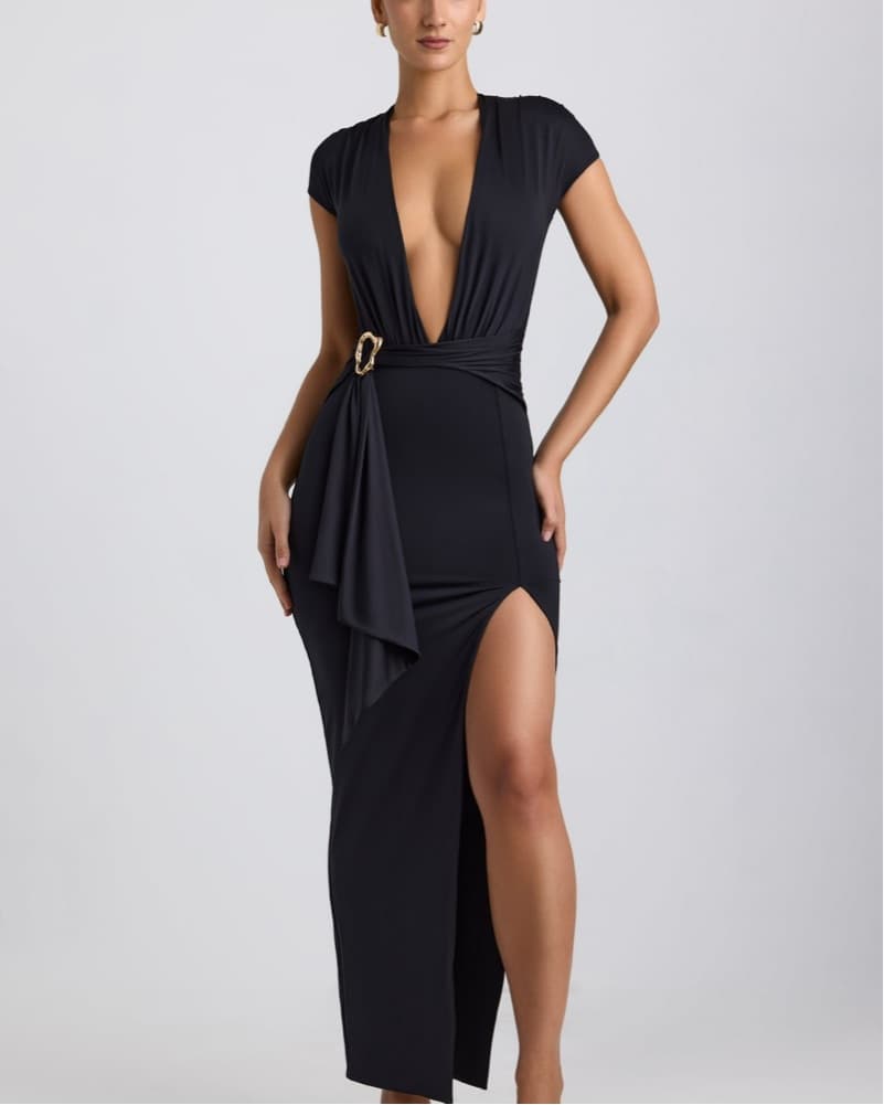 Stunning Black Maxi Dress with Thigh Slit - Image 1
