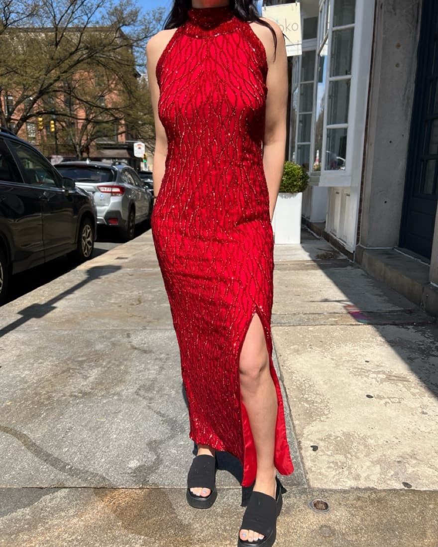 Vintage Silk Beaded High Neck Gown - Image 3