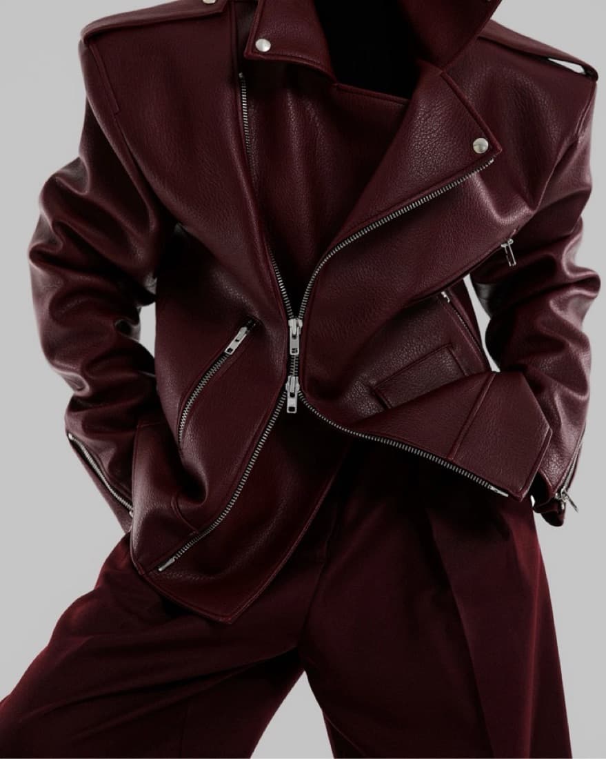 Oversized Burgundy Leather Moto Jacket - Image 1