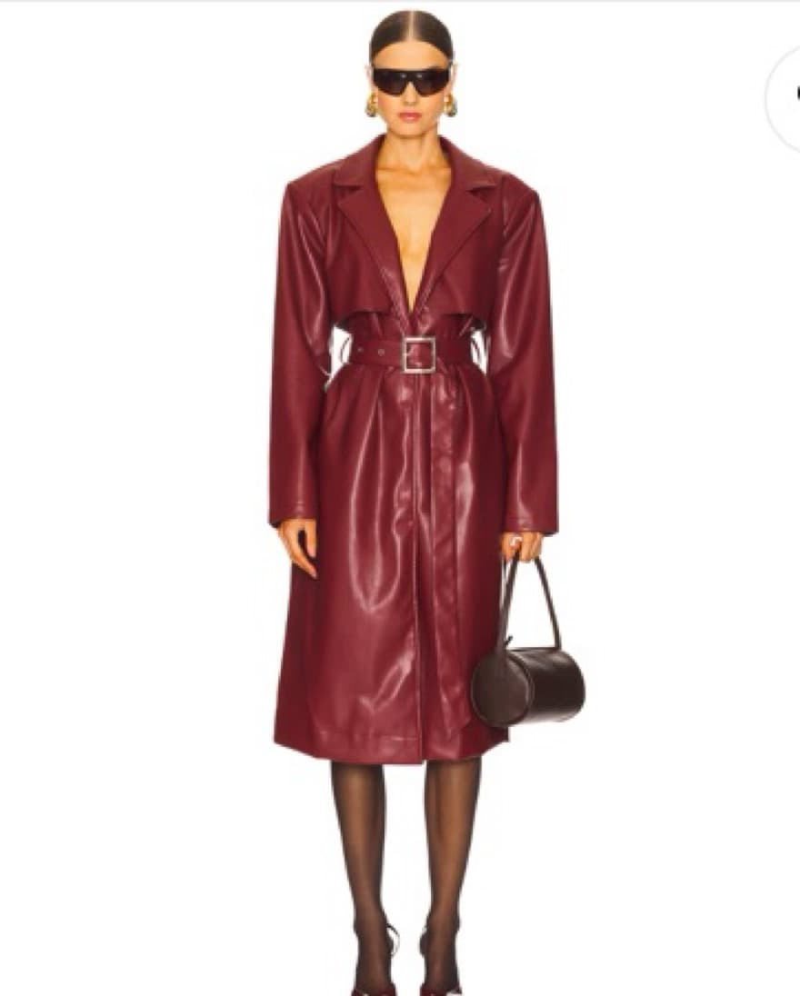 Burgundy Faux Leather Trench Coat - Image 3