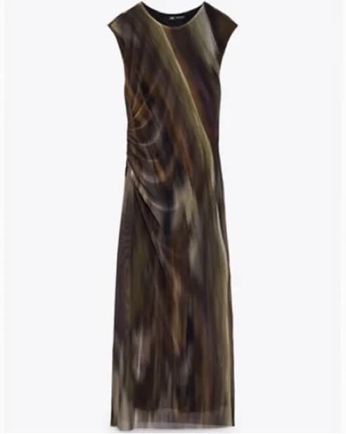 Zara Printed Brown Green Tulle Dress - Image 4
