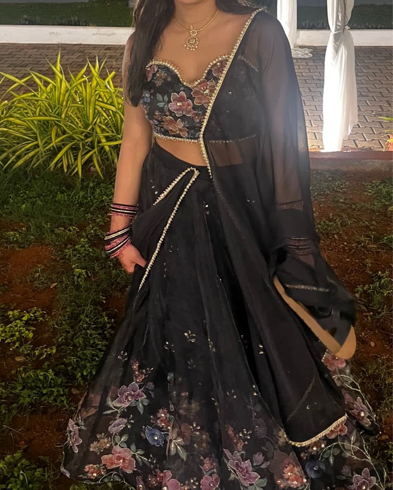 Black Floral Printed Organza Lehenga - Image 3