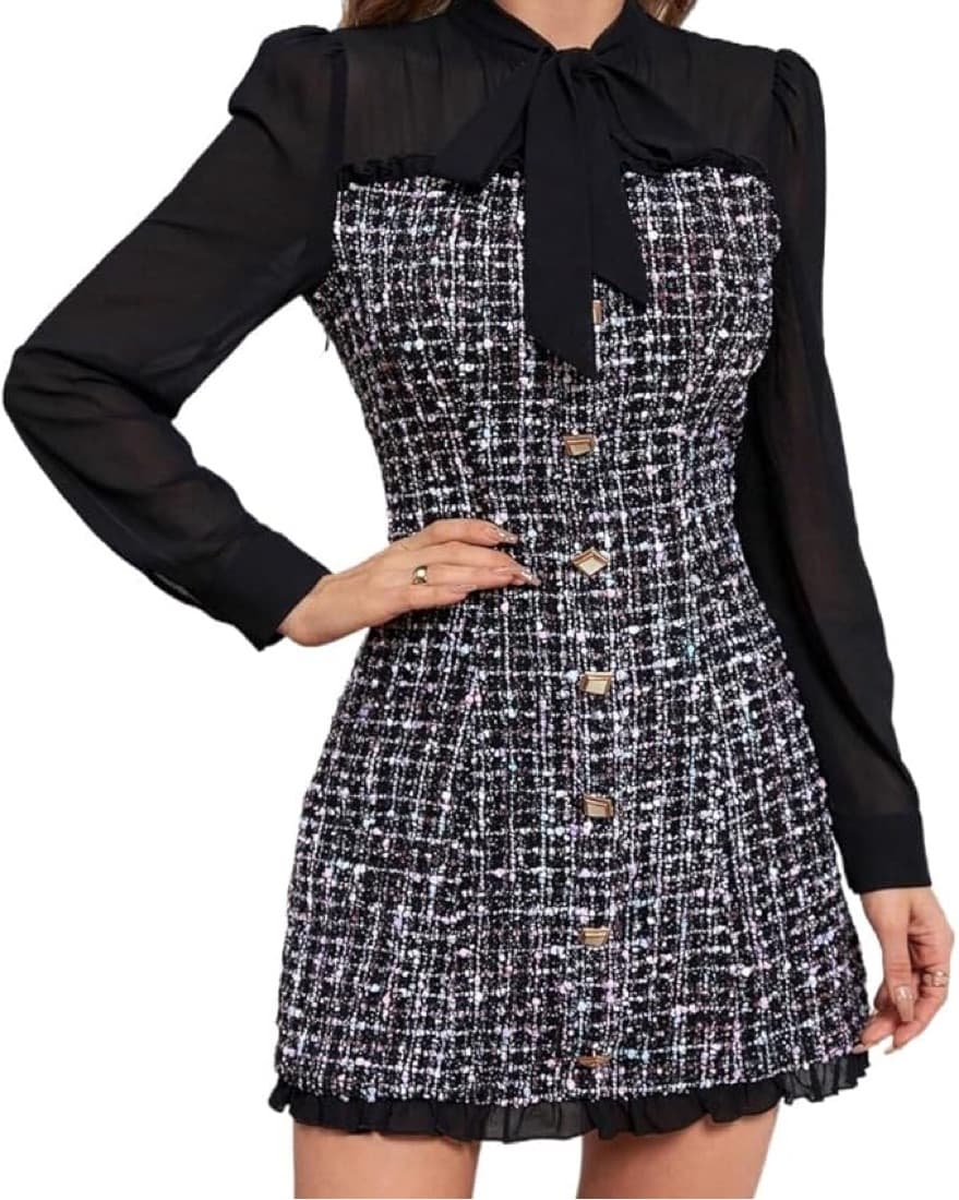 Chic Tweed Puff Sleeve Dress - Image 1