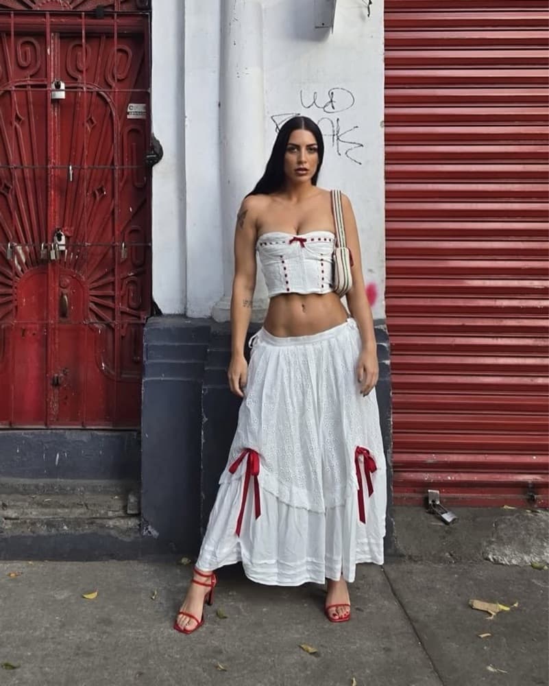 White Lacemade Eyelet Skirt W/Red Bows - Image 1