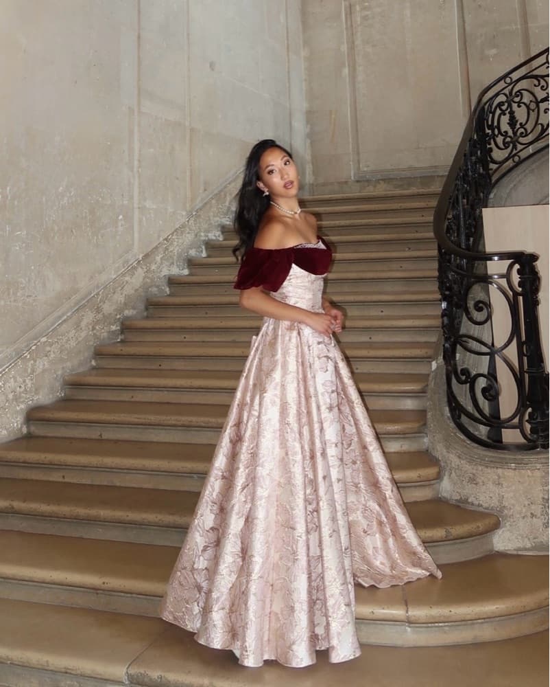 Pink And Velvet Long Dress Gown  - Image 1