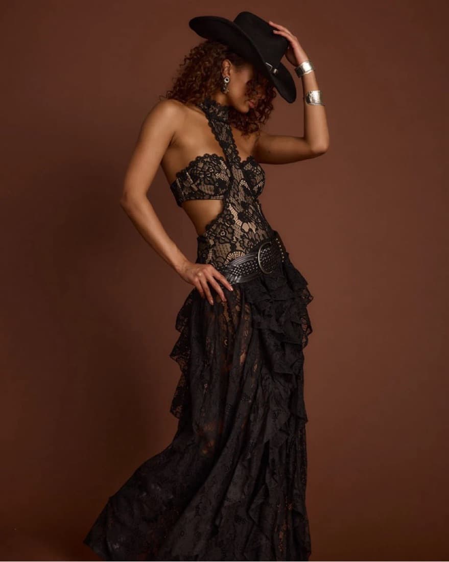 Black Lace Drop Waist Maxi Dress - Image 2