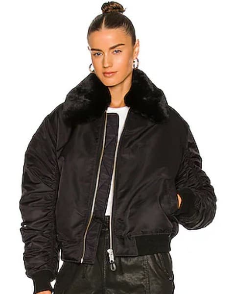 EAVES Black Fur Collar Bomber Jacket - Image 3