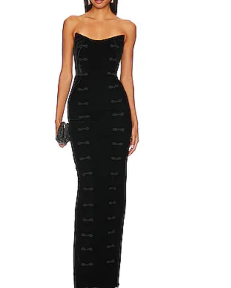 Black Velvet Gown With Bow Detail - Image 1