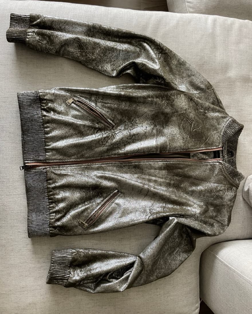 Metallic Silver Zip-Up Leather Jacket - Image 1