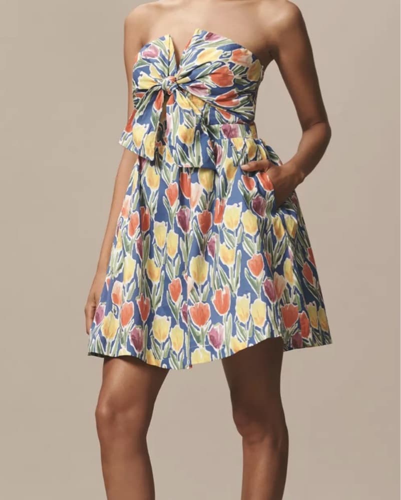 Strapless Tie Cotton Tulip Mini Dress  - Image 1
