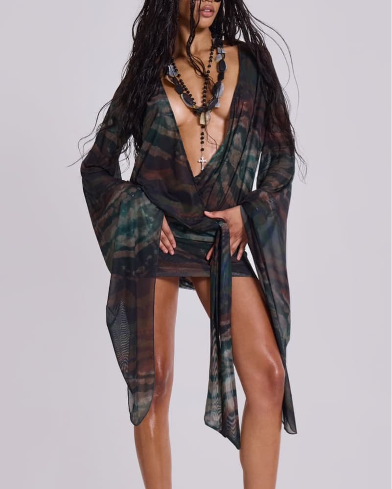Aria Mesh Plunge Mini Dress in Labyrinth - Image 1