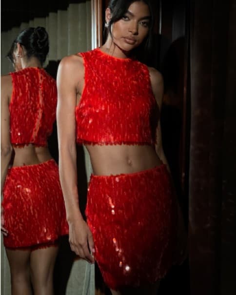 Meshki Red Sequin Crop Top and Skirt Set - Image 1