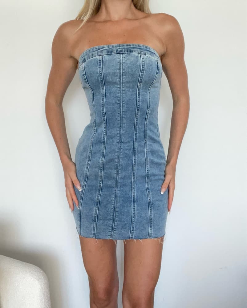 Denim Bandeau Mini Dress - Image 1