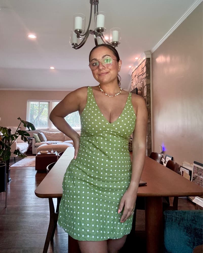Green Polka Dot V-Neck Linen Dress - Image 3