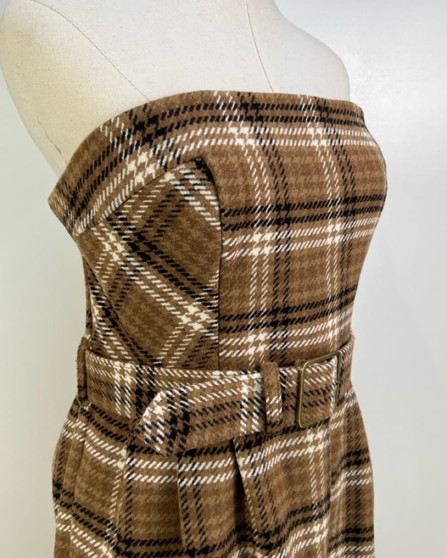 Strapless Belted Midi Dress Brown Plaid  - Image 6
