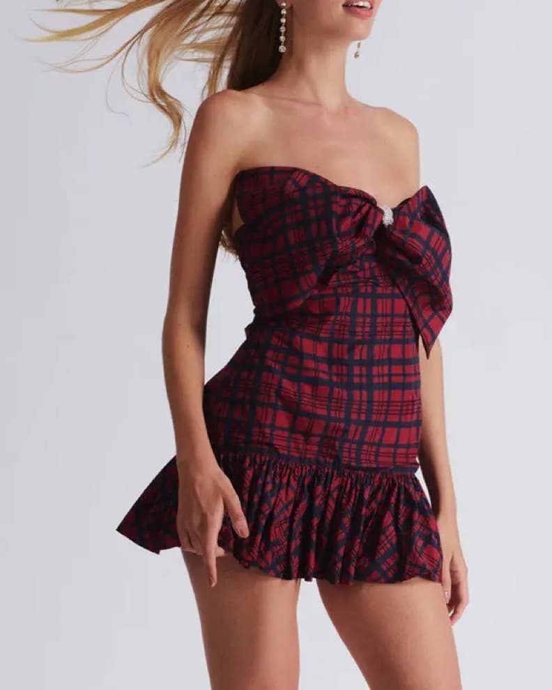 Plaid Strapless Mini Dress - Image 1