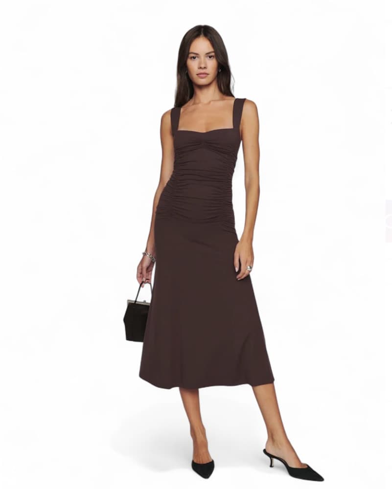Suvi Brown Ruched Midi Dress - Image 1
