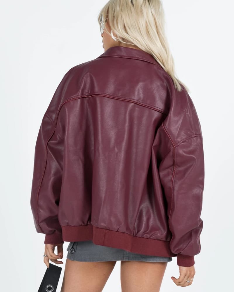 Goldsmith Leather Bomber Jacket Burgandy - Image 2
