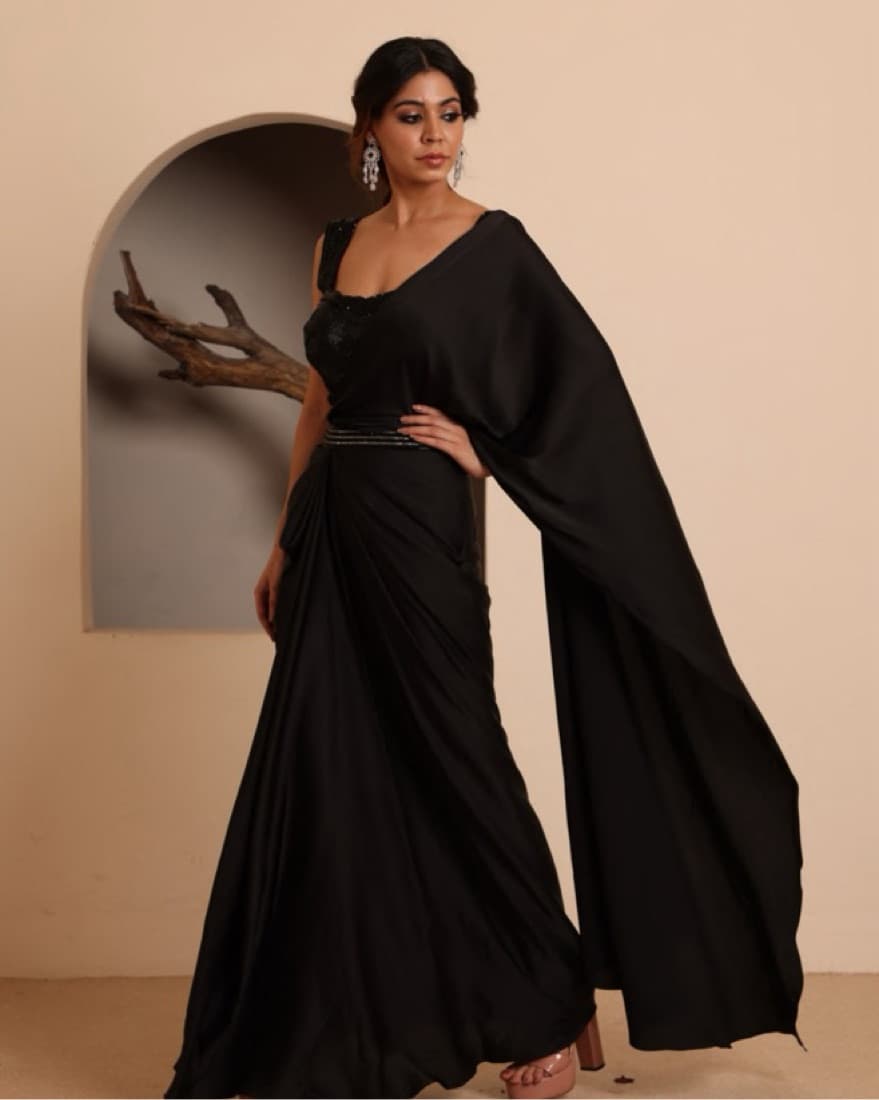 Black Silk Satin Stitched Saree - Image 1