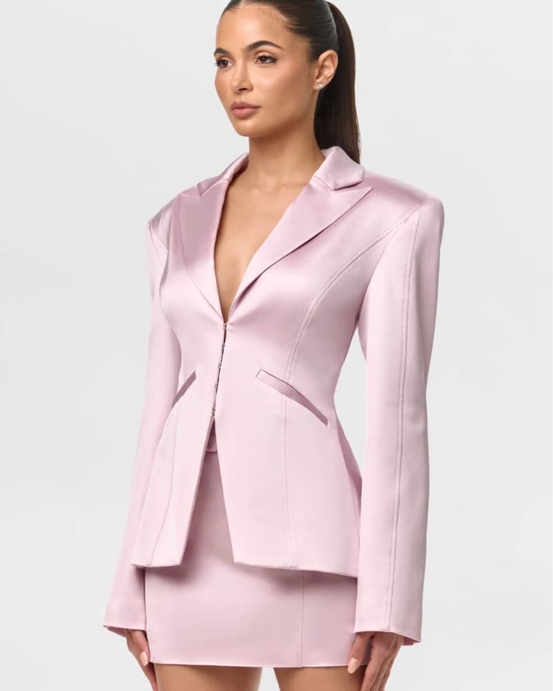 Satin Chic Pink Structured Blazer Set - Image 1