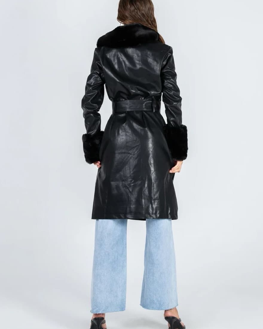 Brooklyn Faux Leather Belted Long Coat - Image 4