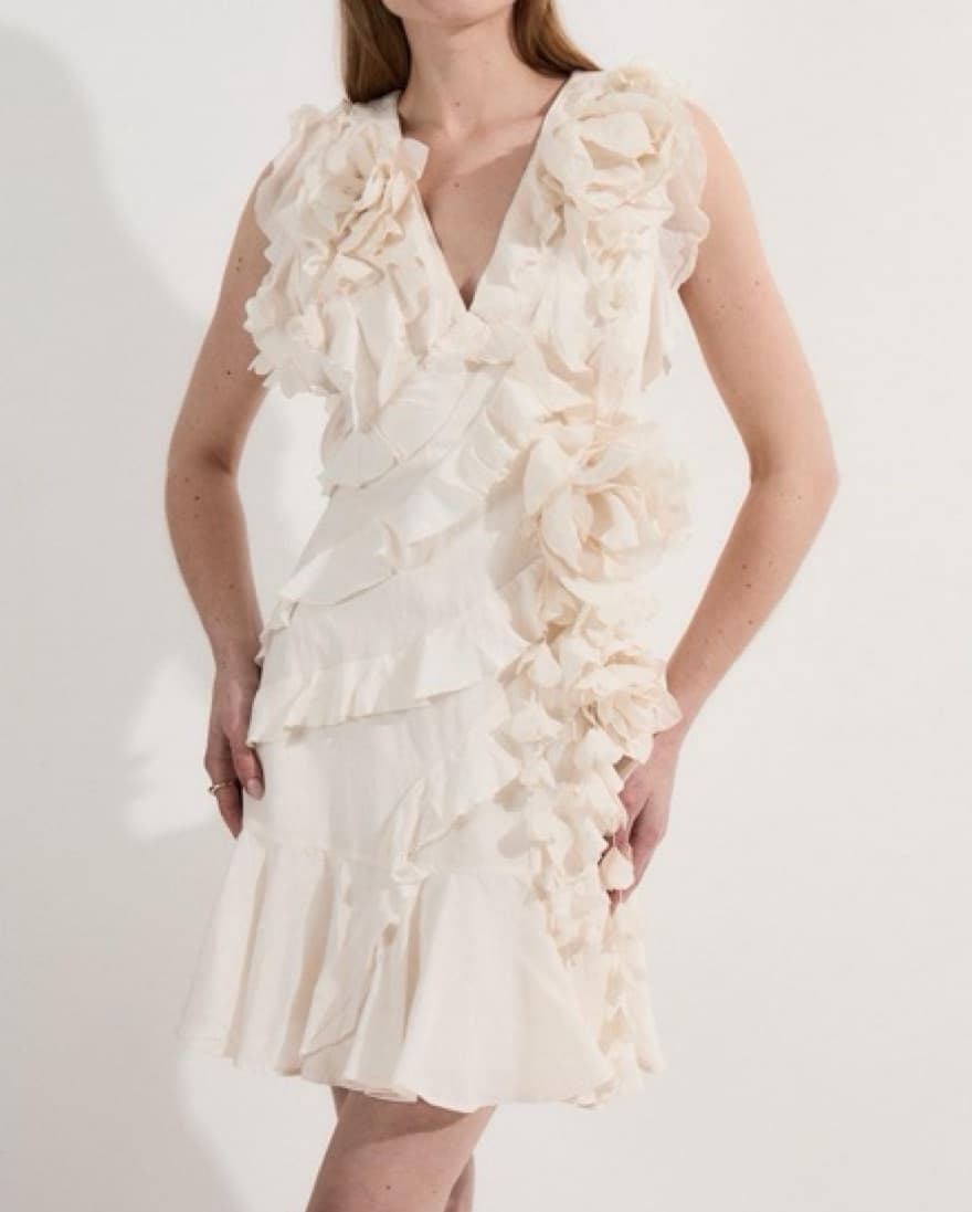 White Ivory Ruffle Applique Dress - Image 1