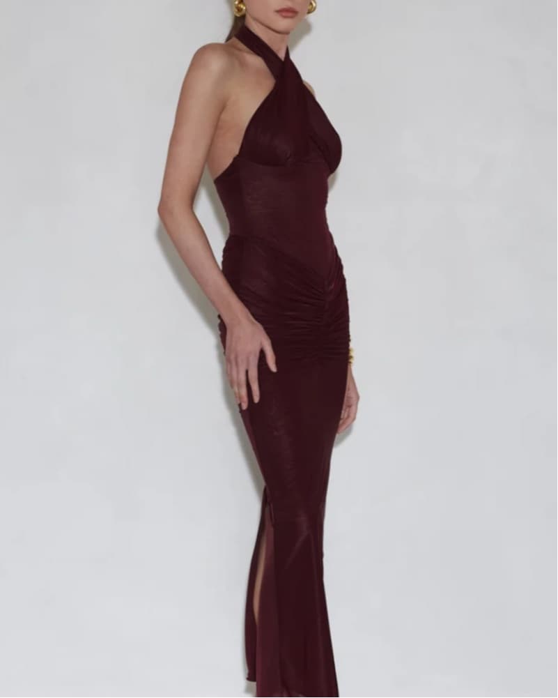 Elegant Ruched Burgundy Gown - Image 2