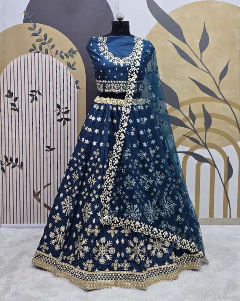Teal Mulberry Silk Lehenga - Image 1