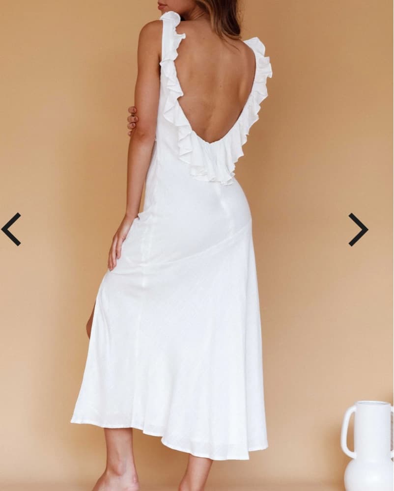 White Linen Ruffle Trim Midi Dress - Image 2